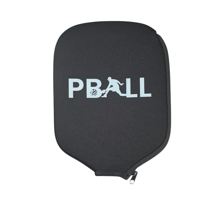 A black neoprene protective pickleball paddle cover with a white 'PBALL' logo printed on the front, featuring a zippered closure at the bottom, shown against a plain white background.