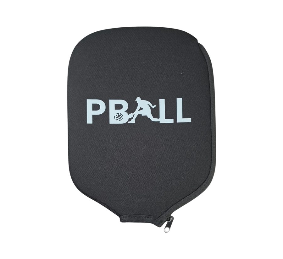 A black neoprene protective pickleball paddle cover with a white 'PBALL' logo printed on the front, featuring a zippered closure at the bottom, shown against a plain white background.