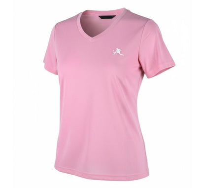 Pink t-shirt with a logo on a white background
