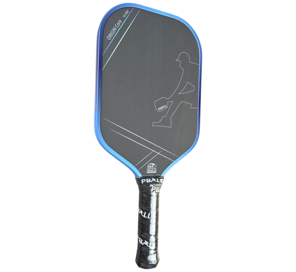 A PBALL pickleball paddle with a black surface, blue trim, and a black wrapped handle, shown against a plain white background.