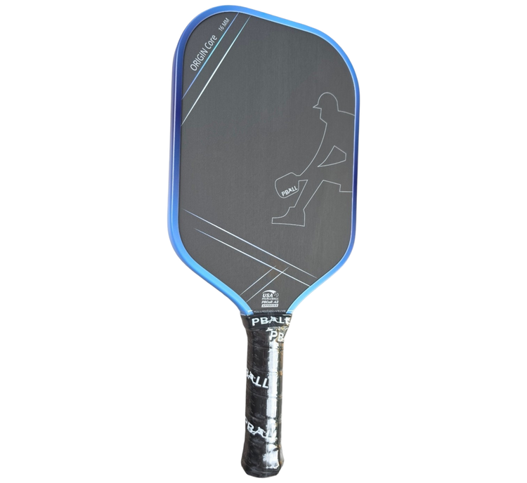 A PBALL pickleball paddle with a black surface, blue trim, and a black wrapped handle, shown against a plain white background.