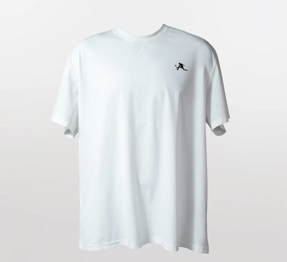 White t-shirt with a small black PBALL  logo on a light gray background Blanc