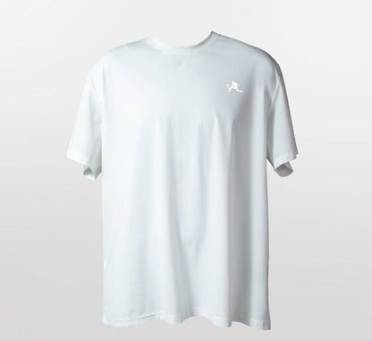 White t-shirt with a PBALL logo on a light gray background Blanc